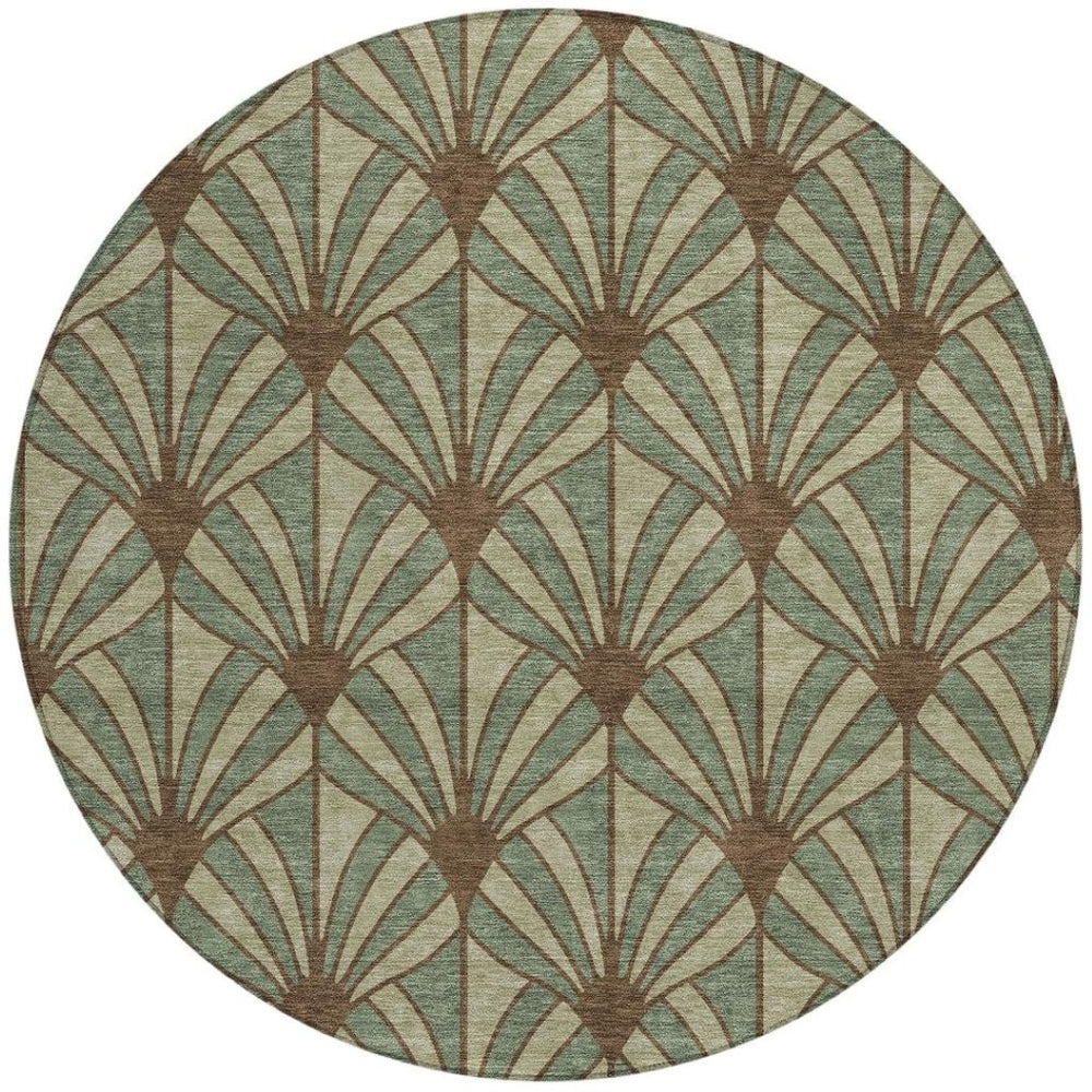 HomeRoots 8' Coastal Seashell Area Rug in Artichoke Green, Brown & Beige - Washable, Durable for Indoors & Outdoors 691520