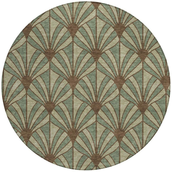 HomeRoots 8' Coastal Seashell Area Rug in Artichoke Green, Brown & Beige - Washable, Durable for Indoors & Outdoors 691520