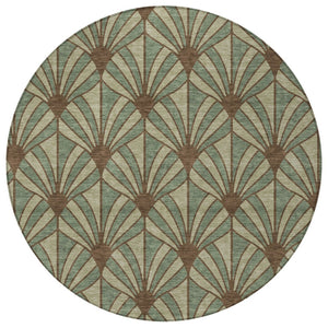 HomeRoots 8' Coastal Seashell Area Rug in Artichoke Green, Brown & Beige - Washable, Durable for Indoors & Outdoors 691520