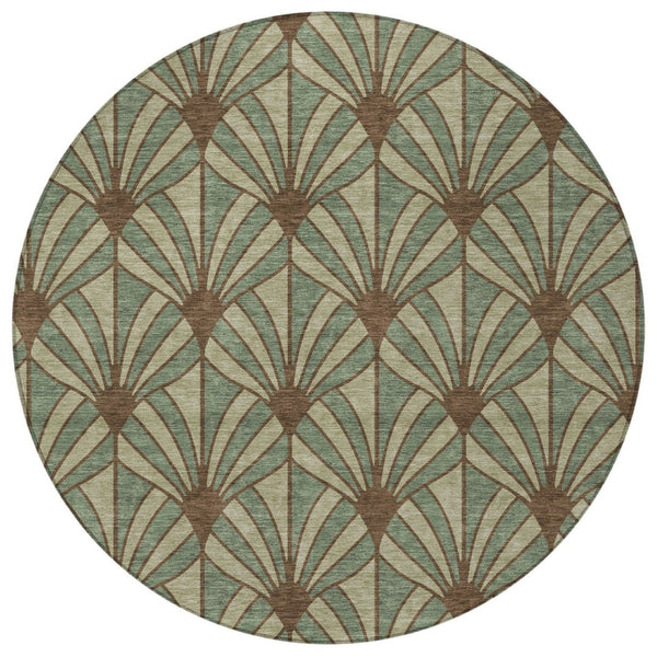 HomeRoots 8' Coastal Seashell Area Rug in Artichoke Green, Brown & Beige - Washable, Durable for Indoors & Outdoors 691520