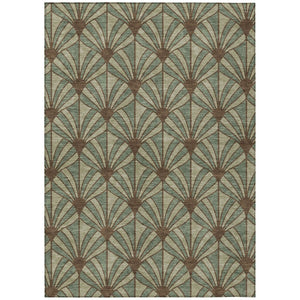 HomeRoots 8' X 10' Coastal Seashell Area Rug in Artichoke Green, Brown & Beige - Washable & Durable Design 691521