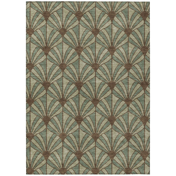 HomeRoots 8' X 10' Coastal Seashell Area Rug in Artichoke Green, Brown & Beige - Washable & Durable Design 691521