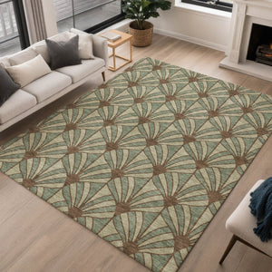 HomeRoots 8' X 10' Coastal Seashell Area Rug in Artichoke Green, Brown & Beige - Washable & Durable Design 691521