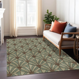 HomeRoots 8' X 10' Coastal Seashell Area Rug in Artichoke Green, Brown & Beige - Washable & Durable Design 691521