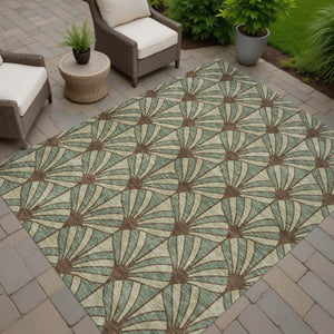 HomeRoots 8' X 10' Coastal Seashell Area Rug in Artichoke Green, Brown & Beige - Washable & Durable Design 691521