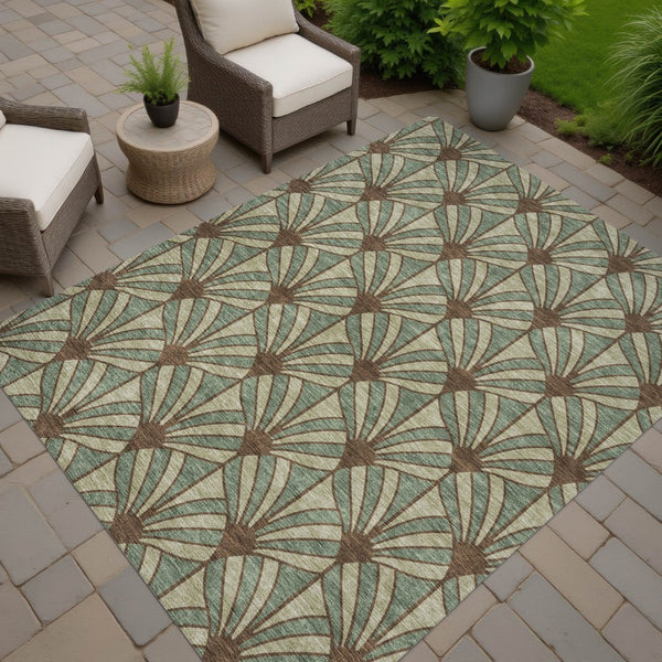 HomeRoots 8' X 10' Coastal Seashell Area Rug in Artichoke Green, Brown & Beige - Washable & Durable Design 691521