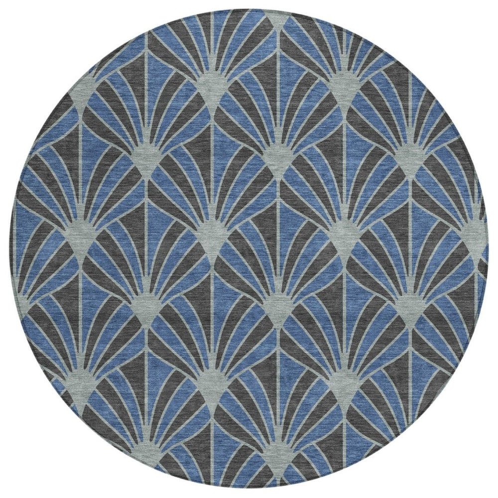 HomeRoots 8' Navy Blue & Charcoal Round Seashell Rug - Stylish, Washable Indoor/Outdoor Area Rug for Versatile Spaces 691550