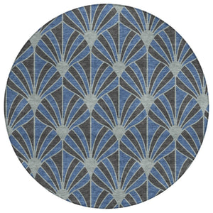 HomeRoots 8' Navy Blue & Charcoal Round Seashell Rug - Stylish, Washable Indoor/Outdoor Area Rug for Versatile Spaces 691550