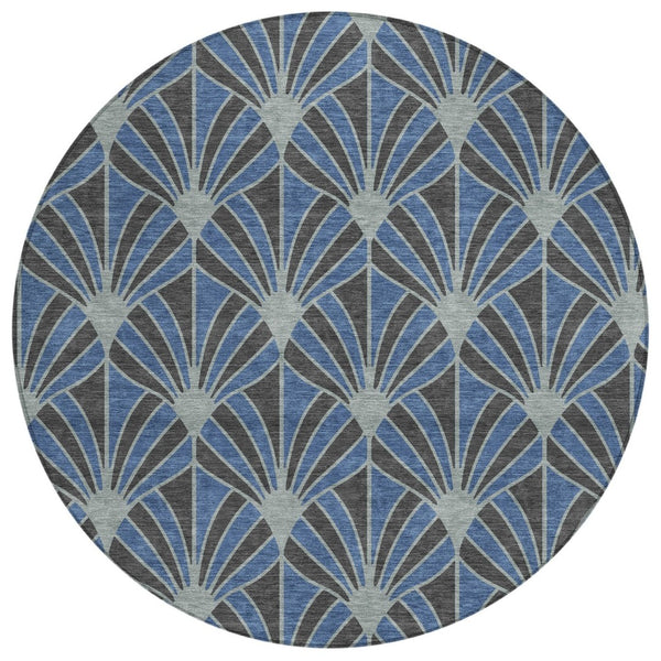 HomeRoots 8' Navy Blue & Charcoal Round Seashell Rug - Stylish, Washable Indoor/Outdoor Area Rug for Versatile Spaces 691550
