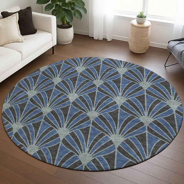 HomeRoots 8' Navy Blue & Charcoal Round Seashell Rug - Stylish, Washable Indoor/Outdoor Area Rug for Versatile Spaces 691550