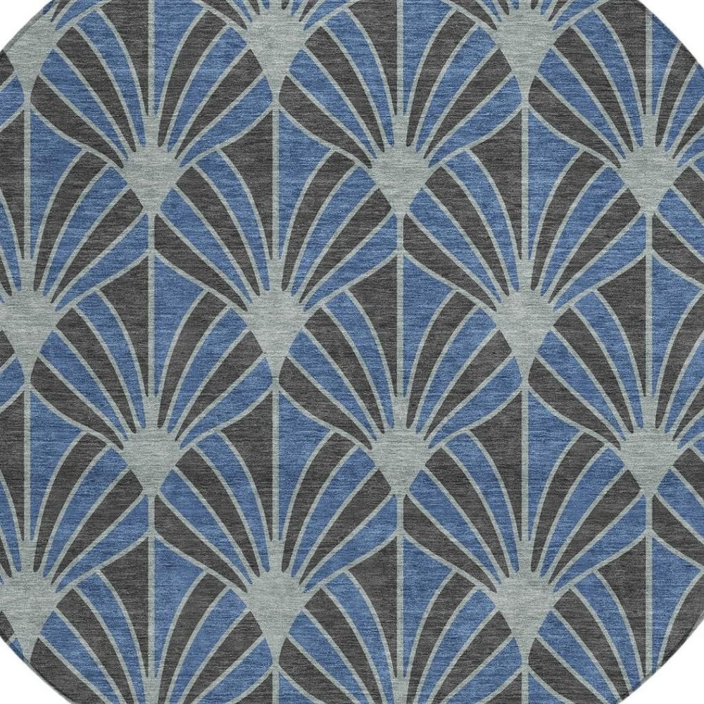 HomeRoots 8' Navy Blue & Charcoal Round Seashell Rug - Stylish, Washable Indoor/Outdoor Area Rug for Versatile Spaces 691550