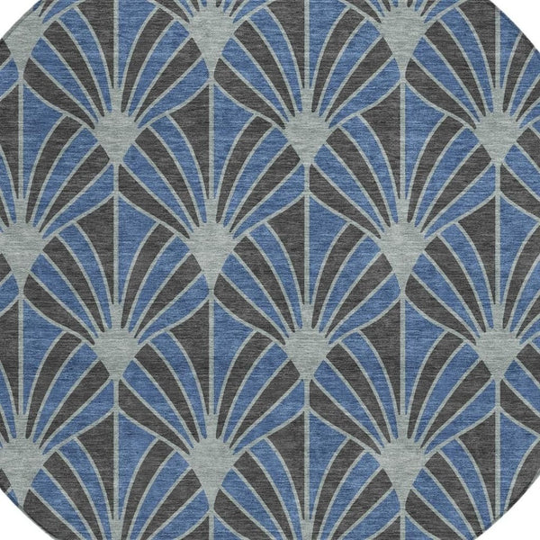 HomeRoots 8' Navy Blue & Charcoal Round Seashell Rug - Stylish, Washable Indoor/Outdoor Area Rug for Versatile Spaces 691550