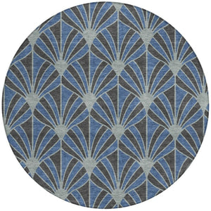 HomeRoots 8' Navy Blue & Charcoal Round Seashell Rug - Stylish, Washable Indoor/Outdoor Area Rug for Versatile Spaces 691550