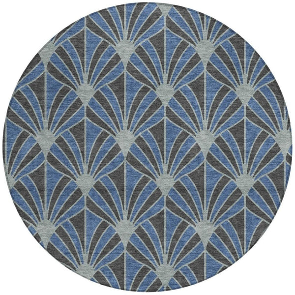 HomeRoots 8' Navy Blue & Charcoal Round Seashell Rug - Stylish, Washable Indoor/Outdoor Area Rug for Versatile Spaces 691550