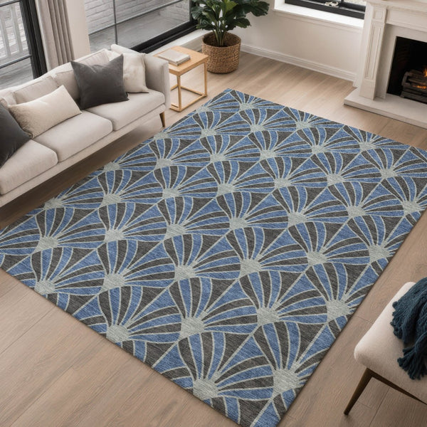 HomeRoots 9' X 12' Navy Blue Seashell Area Rug - Durable, Washable Indoor/Outdoor Design for Any Space! 691552