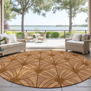 HomeRoots 8' Coastal Seashell Round Area Rug in Rust, Beige & Orange - Washable, Durable for Indoor & Outdoor Use 691556