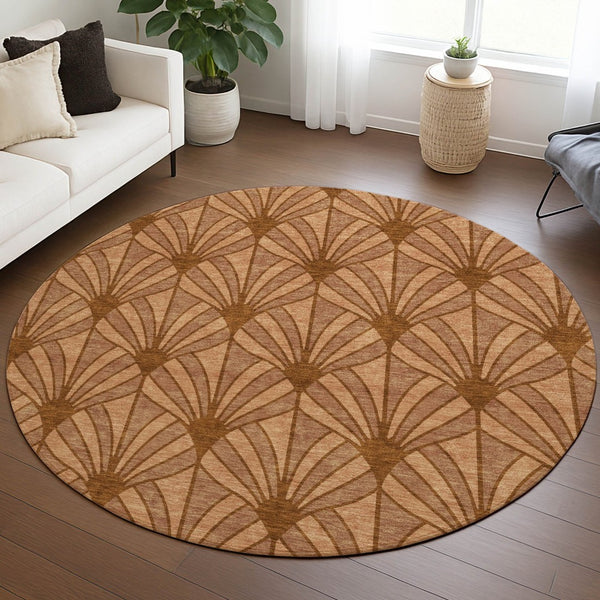 HomeRoots 8' Coastal Seashell Round Area Rug in Rust, Beige & Orange - Washable, Durable for Indoor & Outdoor Use 691556