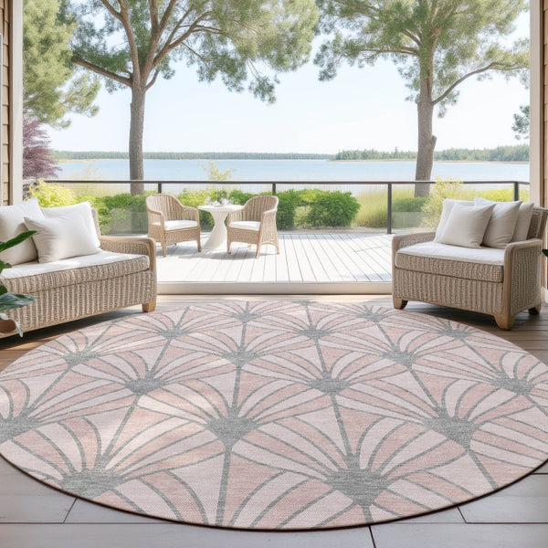 HomeRoots 8' Pink Coral and Gray Round Seashell Rug - Stylish, Washable Area Rug for Indoor & Outdoor Spaces 691562