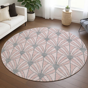 HomeRoots 8' Pink Coral and Gray Round Seashell Rug - Stylish, Washable Area Rug for Indoor & Outdoor Spaces 691562
