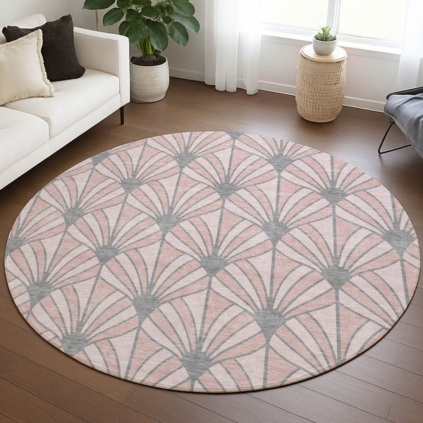 HomeRoots 8' Pink Coral and Gray Round Seashell Rug - Stylish, Washable Area Rug for Indoor & Outdoor Spaces 691562