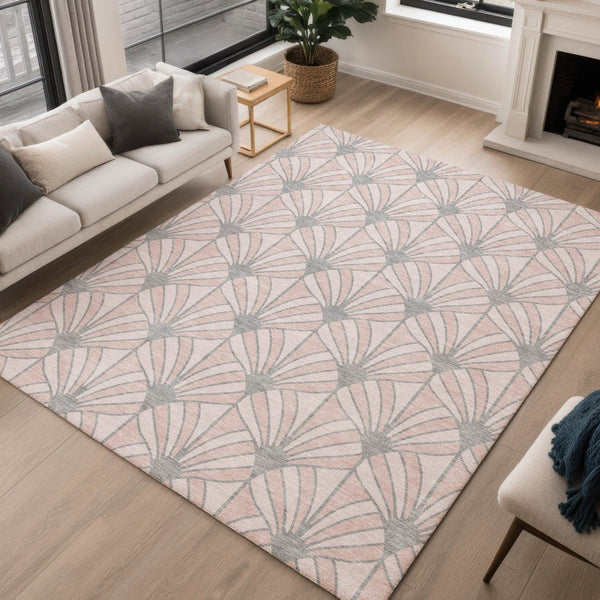 HomeRoots 10' Washable Pink Coral and Gray Seashell Area Rug - Indoor/Outdoor Durable Design for Every Space 691565