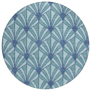 HomeRoots 8' Teal Blue & Navy Round Seashell Rug - Stylish, Washable Indoor/Outdoor Area Rug for High Traffic Areas 691574