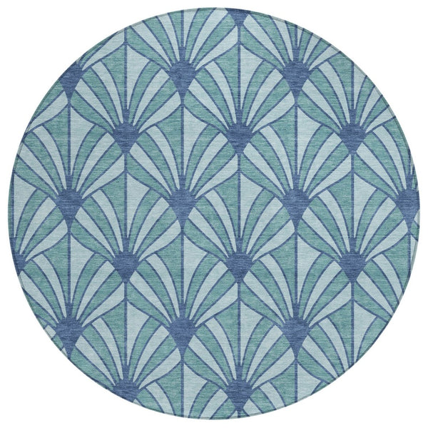 HomeRoots 8' Teal Blue & Navy Round Seashell Rug - Stylish, Washable Indoor/Outdoor Area Rug for High Traffic Areas 691574