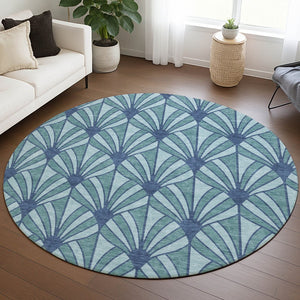 HomeRoots 8' Teal Blue & Navy Round Seashell Rug - Stylish, Washable Indoor/Outdoor Area Rug for High Traffic Areas 691574