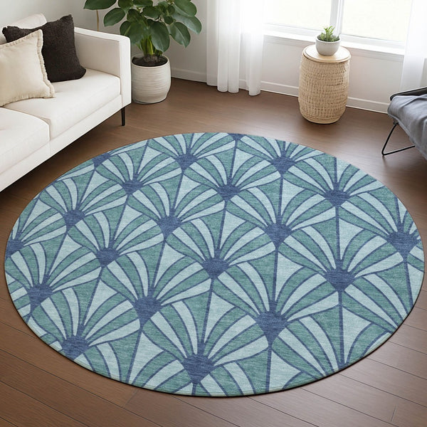 HomeRoots 8' Teal Blue & Navy Round Seashell Rug - Stylish, Washable Indoor/Outdoor Area Rug for High Traffic Areas 691574