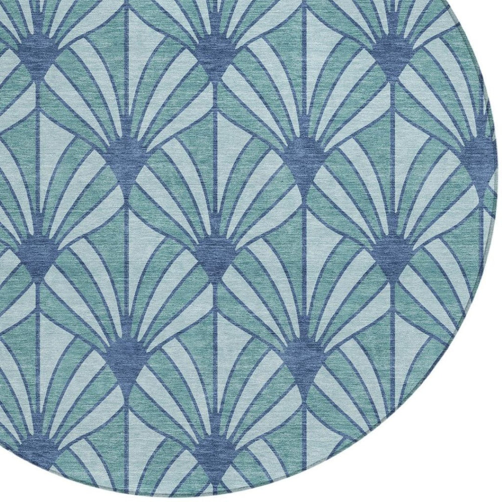 HomeRoots 8' Teal Blue & Navy Round Seashell Rug - Stylish, Washable Indoor/Outdoor Area Rug for High Traffic Areas 691574