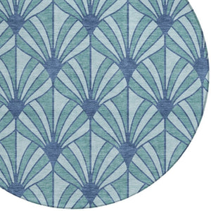 HomeRoots 8' Teal Blue & Navy Round Seashell Rug - Stylish, Washable Indoor/Outdoor Area Rug for High Traffic Areas 691574