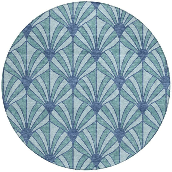 HomeRoots 8' Teal Blue & Navy Round Seashell Rug - Stylish, Washable Indoor/Outdoor Area Rug for High Traffic Areas 691574