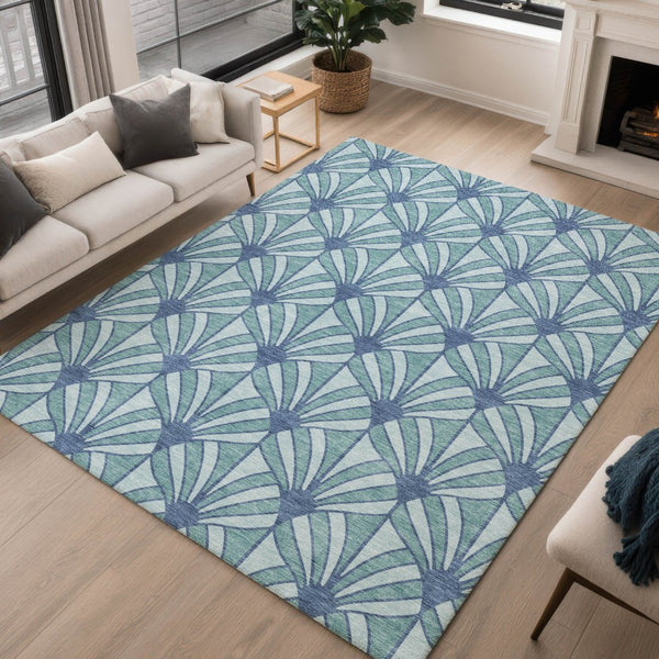 HomeRoots 9' X 12' Coastal Teal & Navy Seashell Area Rug - Washable, Durable Design for Indoor & Outdoor Spaces 691576