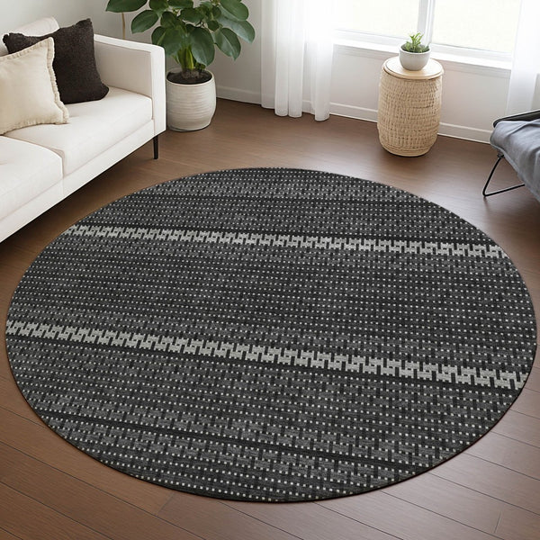 HomeRoots 8' Striped Indoor Outdoor Area Rug in Black, Gray & Silver - Stylish, Washable & Durable Design 691580