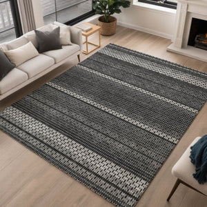 HomeRoots 8' Washable Indoor Outdoor Area Rug in Black, Gray & Silver Stripes - Durable, Stylish & Low-Maintenance! 691581