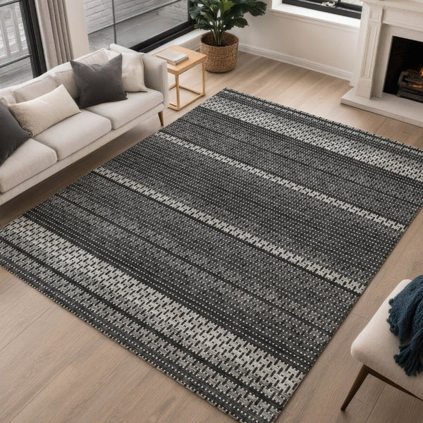 HomeRoots 8' Washable Indoor Outdoor Area Rug in Black, Gray & Silver Stripes - Durable, Stylish & Low-Maintenance! 691581