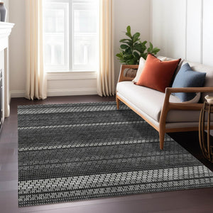 HomeRoots 8' Washable Indoor Outdoor Area Rug in Black, Gray & Silver Stripes - Durable, Stylish & Low-Maintenance! 691581