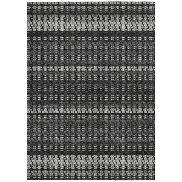 HomeRoots 9' X 12' Stylish Black Gray Silver Striped Washable Area Rug for Indoor & Outdoor High-Traffic Use 691582