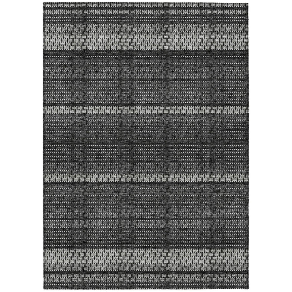 HomeRoots 9' X 12' Stylish Black Gray Silver Striped Washable Area Rug for Indoor & Outdoor High-Traffic Use 691582