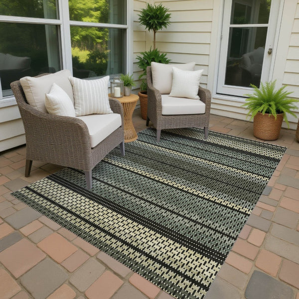HomeRoots 10' Stylish Moss Green, Wheat & Black Striped Washable Area Rug for Indoor & Outdoor Spaces 691589