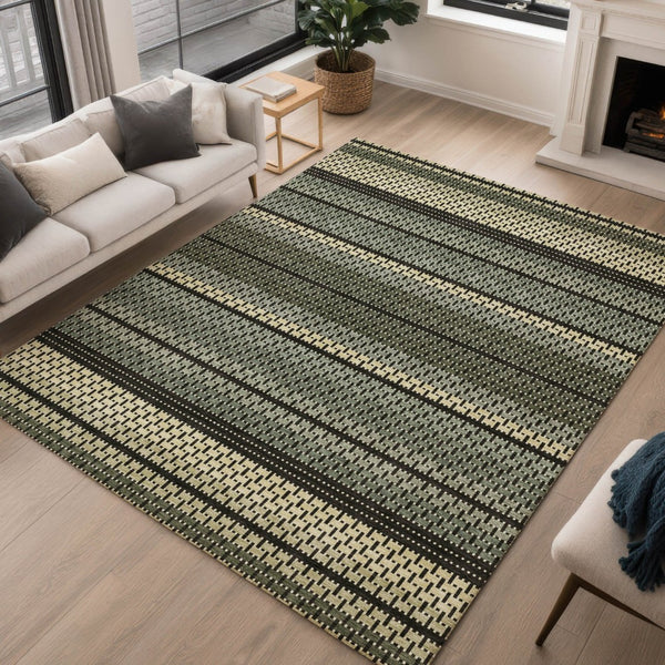 HomeRoots 10' Stylish Moss Green, Wheat & Black Striped Washable Area Rug for Indoor & Outdoor Spaces 691589