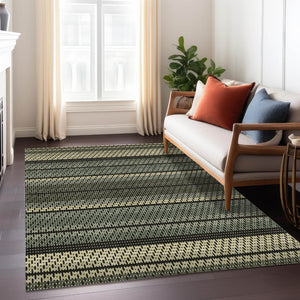 HomeRoots 10' Stylish Moss Green, Wheat & Black Striped Washable Area Rug for Indoor & Outdoor Spaces 691589