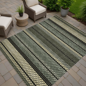 HomeRoots 10' Stylish Moss Green, Wheat & Black Striped Washable Area Rug for Indoor & Outdoor Spaces 691589