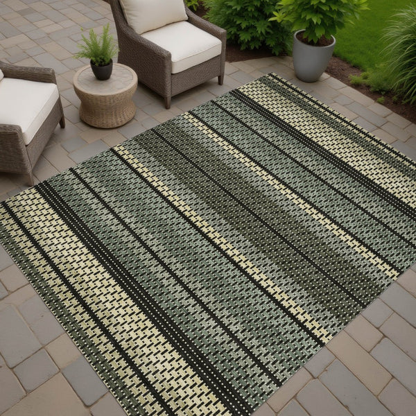 HomeRoots 10' Stylish Moss Green, Wheat & Black Striped Washable Area Rug for Indoor & Outdoor Spaces 691589