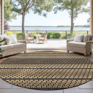 HomeRoots 8' Striped Gold Beige and Copper Round Area Rug - Washable, Stain-Resistant for Indoor & Outdoor Use 691592
