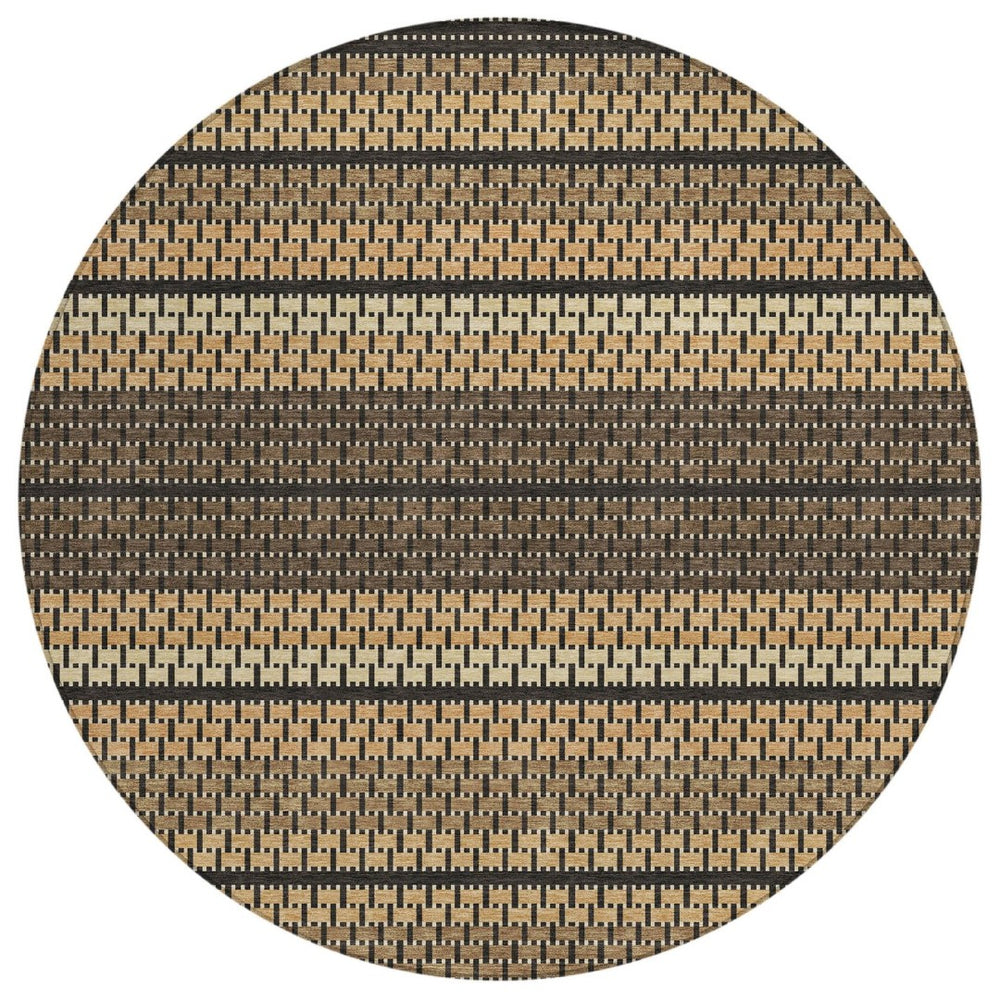 HomeRoots 8' Striped Gold Beige and Copper Round Area Rug - Washable, Stain-Resistant for Indoor & Outdoor Use 691592