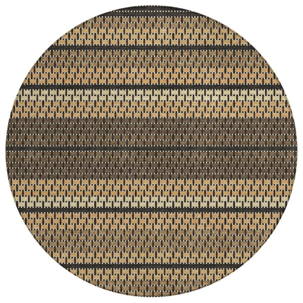 HomeRoots 8' Striped Gold Beige and Copper Round Area Rug - Washable, Stain-Resistant for Indoor & Outdoor Use 691592