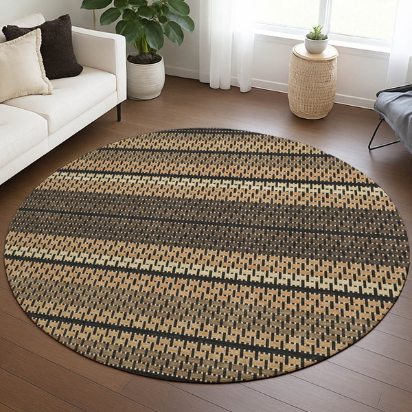 HomeRoots 8' Striped Gold Beige and Copper Round Area Rug - Washable, Stain-Resistant for Indoor & Outdoor Use 691592