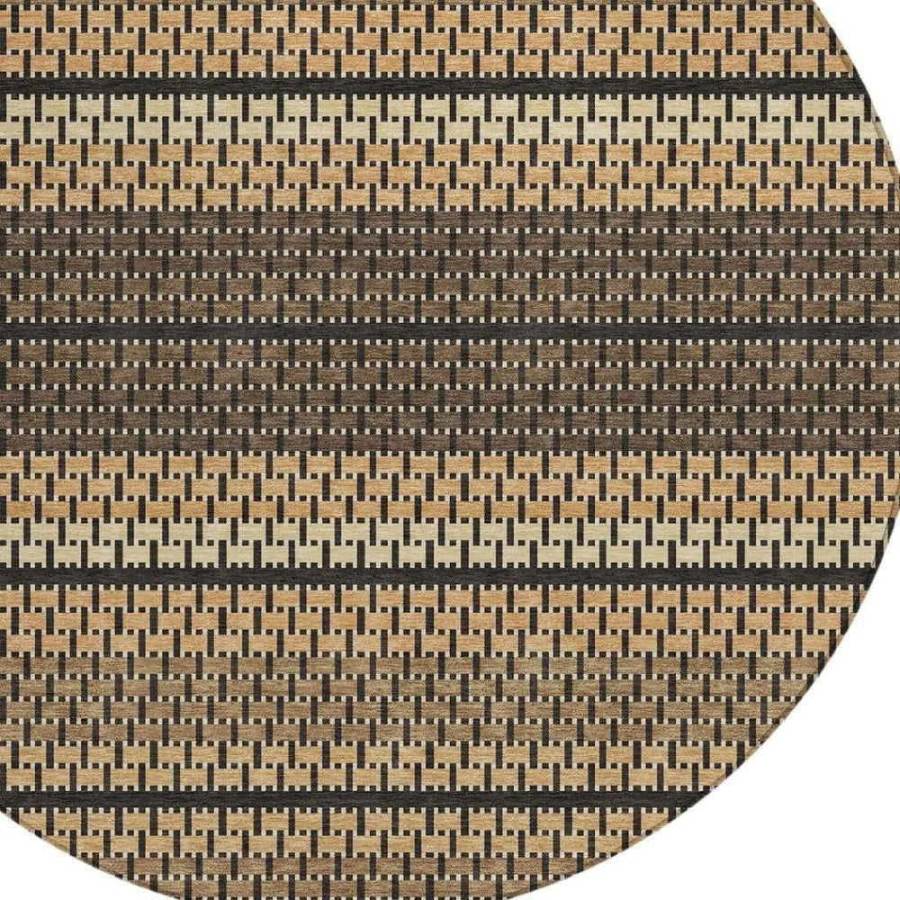 HomeRoots 8' Striped Gold Beige and Copper Round Area Rug - Washable, Stain-Resistant for Indoor & Outdoor Use 691592