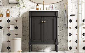 English Elm 24'' Modern Bathroom Vanity with Ceramic Basin, Solid Wood Frame, Soft-Close Doors, Ample Storage Black N710P190503B